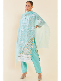 Soch - Blue Pink Floral Printed Cotton Unstitched Dress Material with Mirrors Work (Set of 3)