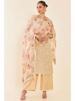 Soch - Beige Floral Chinon Unstitched Dress Material with Floral Dupatta and Sequins (Set of 3)