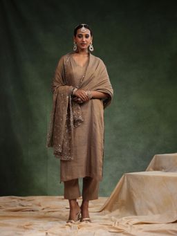 CHARU MAKKAR - Taupe Brick-O-La Kurta with Pant and Dupatta (Set of 3)
