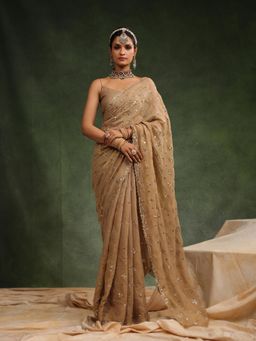 CHARU MAKKAR - Beige Nutmeg Embellished Saree with Unstitched Blouse