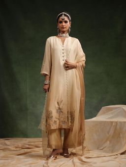 CHARU MAKKAR - Beige Poncy Kurta with Pant and Dupatta (Set of 3)