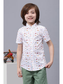 One Friday - White Fun Doodle Printed Cotton Shirt