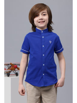 One Friday - Royal Blue Mandarin Collar Cotton Solid Shirt