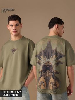 The Souled Store - Men Olive Graphic Printed Oversized T-shirt