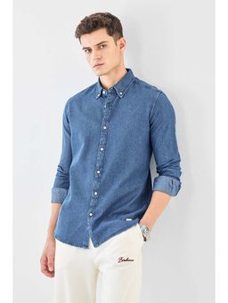 Snitch - Men Dark Blue Solid Full Sleeves Regular Casual Shirt