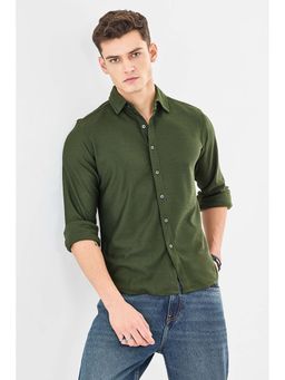 Snitch - Men Olive Textured Full Sleeves Slim Casual Shirt