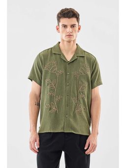 Snitch - Men Sage Green Embroidered Half Sleeves Boxy Casual Shirt