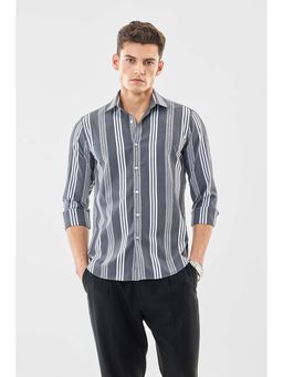Snitch - Men Grey Stripes Full Sleeves Slim Casual Shirt