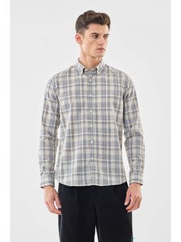 Snitch - Men Light Beige and Blue Checks Full Sleeves Slim Casual Shirt