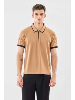 Snitch - Men Beige Solid Half Sleeves Regular Casual Polo T-shirt