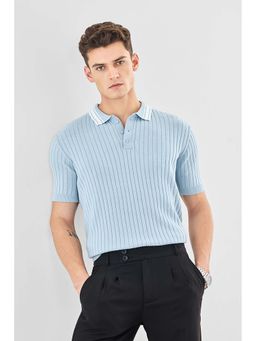 Snitch - Men Light Blue Ribbed Half Sleeves Slim Casual Polo T-shirt