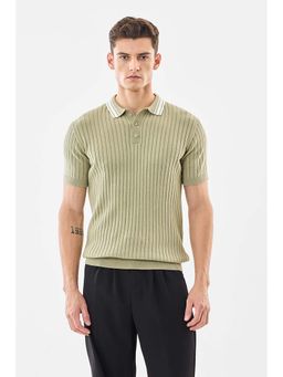 Snitch - Men Sage Green Ribbed Half Sleeves Slim Casual Polo T-shirt