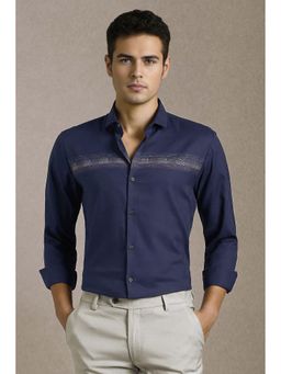 Louis Philippe - Men Navy Blue Self Design Full Sleeves Casual Shirt