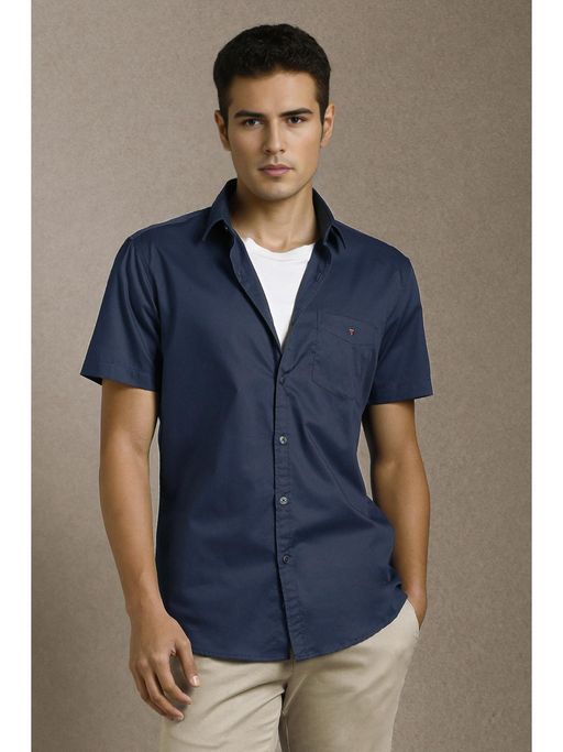 Louis Philippe Men Navy Blue Solid Half Sleeves Casual Shirt