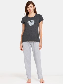 Zivame - Rosaline Geo Blooms Knit Cotton Pyjama Set - Black Beauty