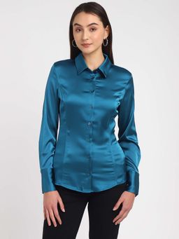Guess - Women Teal Solid Spread Collar Full Sleeves Shirt