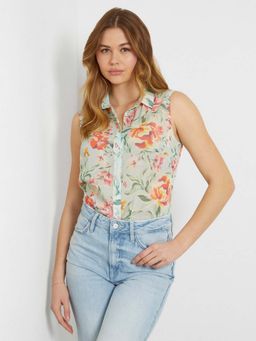 Guess - Women Green Floral Printed Spread Collar Sleeveless Clouds Shirt