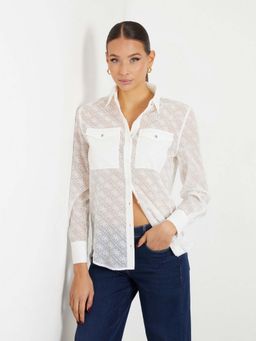 Guess - Women White Printed Spread Collar Full Sleeves Shirt