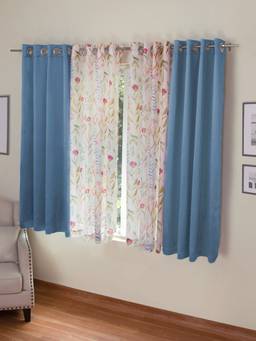 Rosara Home - Blue Floral Black Out and Sheer Window Curtains (Pack of 4) (5 x 4 Feet)