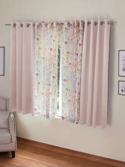 Rosara Home - Pink Floral Black Out and Sheer Window Curtains (Pack of 4) (5 x 4 Feet)