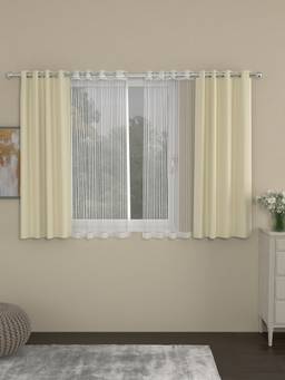 Rosara Home - Cream Striped Black Out and Sheer Window Curtains (Pack of 4)