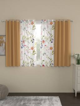 Rosara Home - Beige Floral Black Out and Sheer Window Curtains (Pack of 4) (5 x 4 Feet)