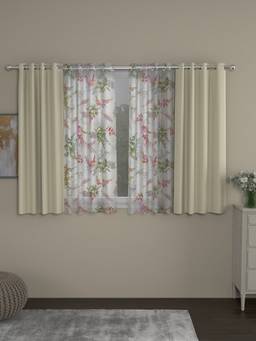 Rosara Home - Cream Floral Black Out and Sheer Window Curtains (Pack of 4)