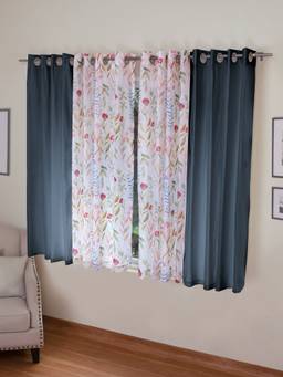 Rosara Home - Teal Floral Window Curtains (Pack of 4) (5 x 4 Feet)
