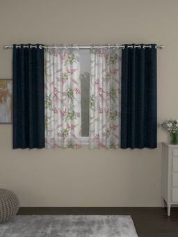 Rosara Home - Navy Blue Floral Room Darkening and Sheer Window Curtains (Pack of 4)