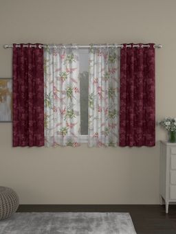 Rosara Home - Maroon Jacquard Floral Window Curtains (Pack of 4)