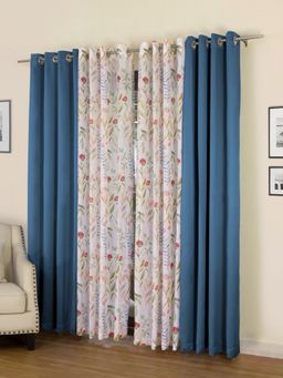 Rosara Home - Blue Floral Black Out and Sheer Door Curtains (Pack of 4)