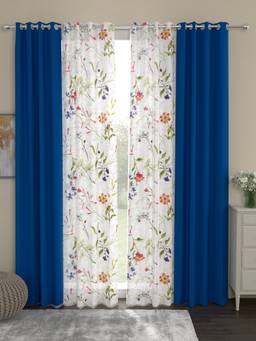 Rosara Home - Blue Floral Black Out and Sheer Door Curtains (Pack of 4) (7 x 4 Feet)