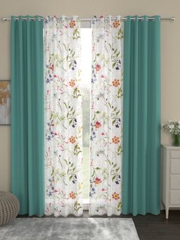 Rosara Home - Green Floral Black Out and Sheer Door Curtains (Pack of 4)