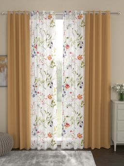 Rosara Home - Beige Floral Black Out and Sheer Door Curtains (Pack of 4)