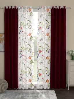 Rosara Home - Maroon Floral Door Curtains (Pack of 4)
