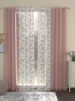 Rosara Home - Pink Floral Sheer Door Curtains (Pack of 4) (7 x 4 Feet)