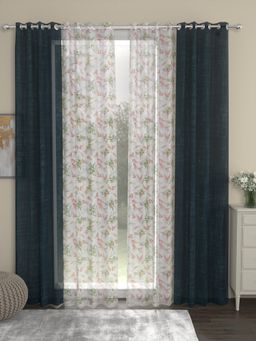 Rosara Home - Navy Blue Floral Sheer Door Curtains (Pack of 4) (7 x 4 Feet)