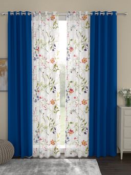Rosara Home - Blue Floral Black Out and Sheer Long Door Curtains (Pack of 4) (9 x 4 Feet)