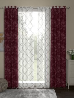 Rosara Home - Maroon Jacquard Long Door Curtains (Pack of 4) (9 x 4 Feet)