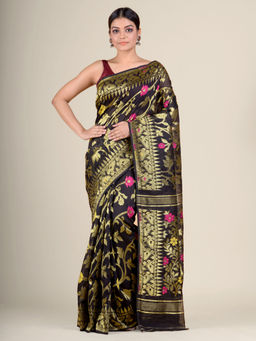 Arhi - Black Allover Zari Weaving Jamdani Saree Without Blouse