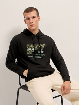 The Bear House - Mens Black Relaxed Fit Cotton Typography Hoodie
