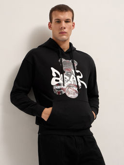 The Bear House - Mens Black Relaxed Fit Cotton Teddy Graphic Hoodie