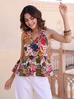 Rain & Rainbow - White Pure Cotton Printed Top