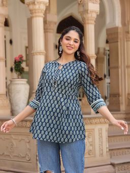 Rain & Rainbow - Navy Blue Pure Cotton Printed Tunic