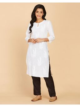 Fabindia - White Cotton Embroidered Knee Length Kurta