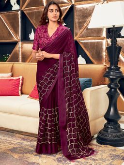 Akhilam - Women Silk Blend Magenta Embellished Celebrity Saree with Unstitched Blouse