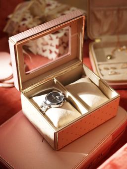 Pure Home + Living - Pink & Ivory Printed 2 Compartment Faux Leather Watch Box