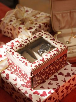 Pure Home + Living - Red & Ivory Printed 2 Compartment Faux Leather Watch Box