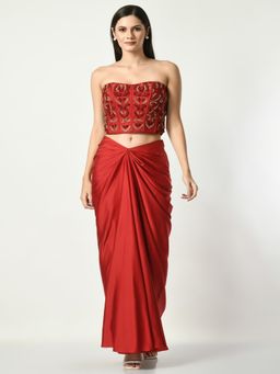Sunanta Madaan - Red Skirt with Strapless Sequined Crop Top (Set of 2)