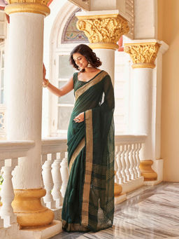 Tikhi Imli - Ready To Wear Green Color Polycotton Woven Saree with Unstitched Blouse